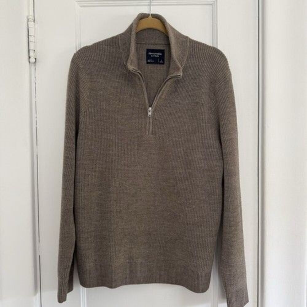 Abercrombie & Fitch Gray Knit 1/4 Zip Mock Neck Sweater Merino Wool Sz S